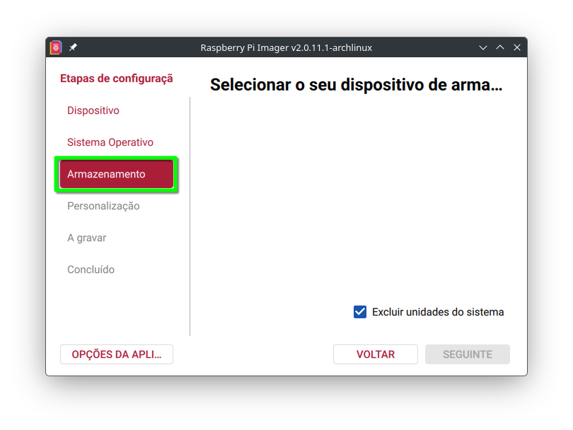 Selecciona o cartão microSD para ser gravada a imagem